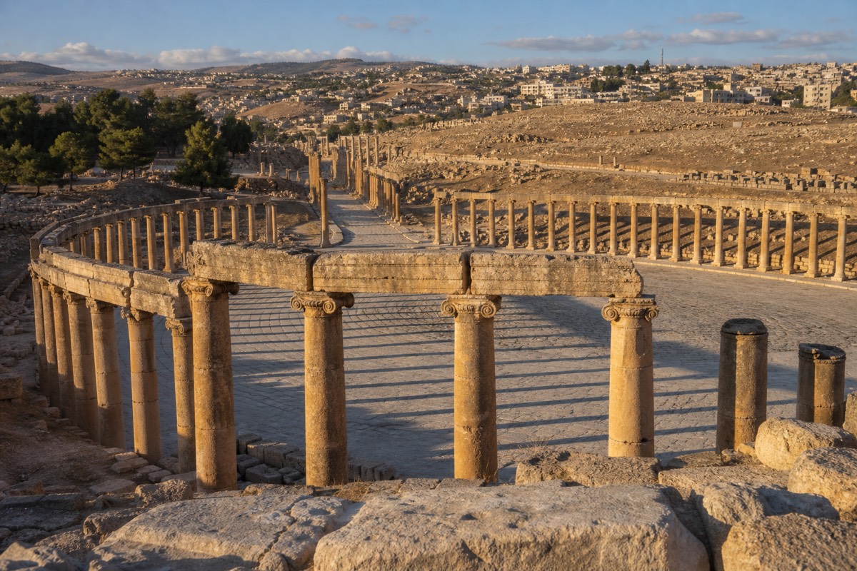 The colonnaded Oval Plaza and Cardo Maximus at the ancient Roman ruins of Jerash, Jordan