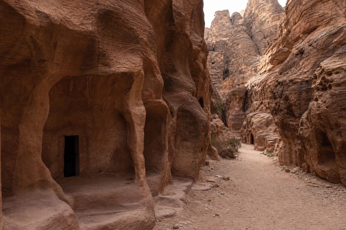 Nabataean facades carved into the narrow sandstone canyon of Little Petra (Siq al-Barid)