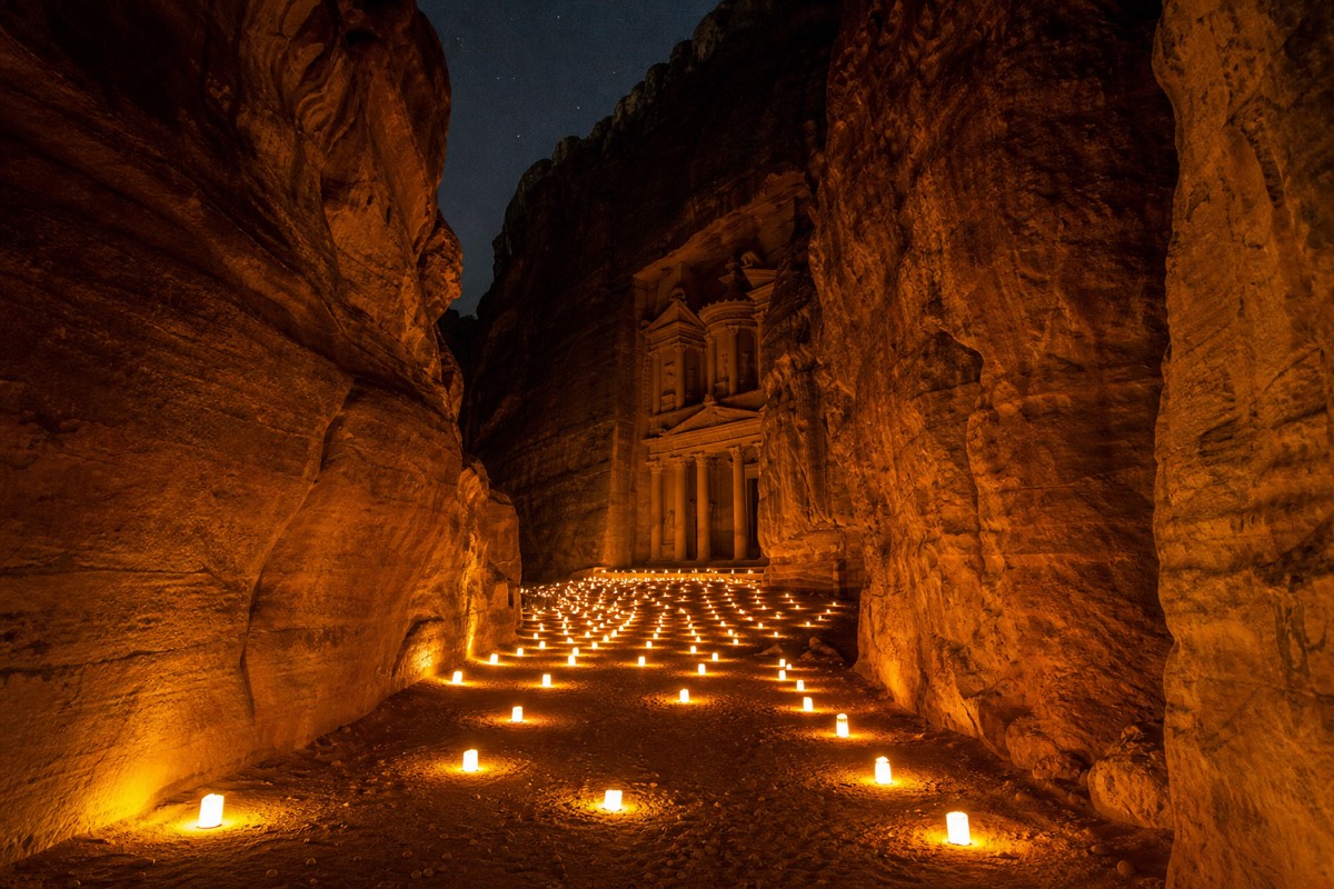 Candles lighting the path through the Siq toward Petra's Treasury during the Petra by Night show