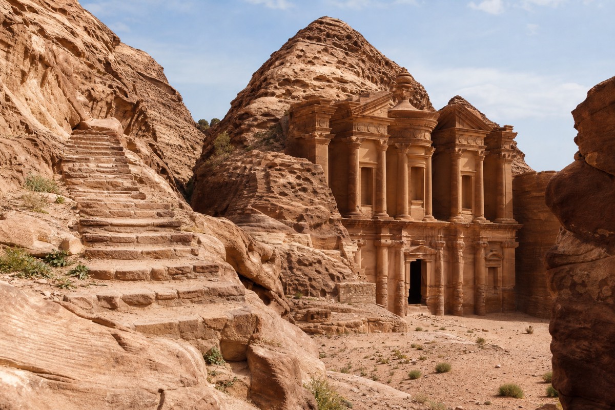 The massive rock-cut facade of the Monastery (Ad-Deir) at Petra framed by a stone staircase carved into the cliffside