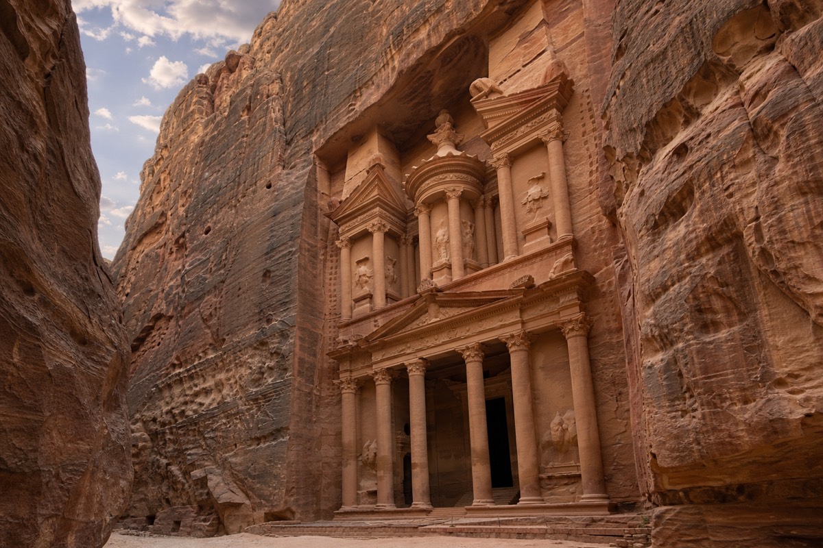 The Treasury (Al-Khazneh) framed by the narrow rock walls at the end of Petra's Siq canyon