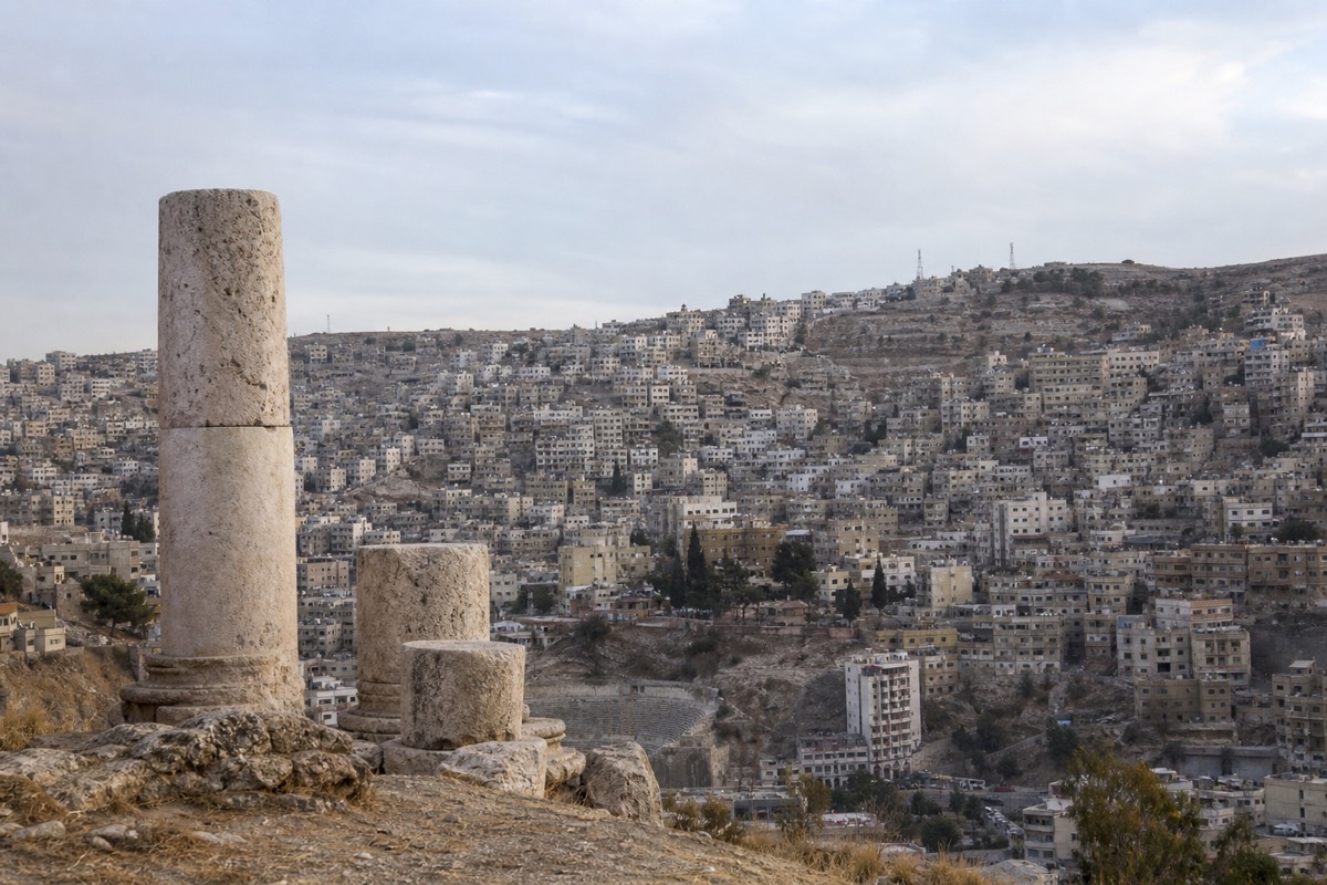 The view over Amman's hillside neighbourhoods from the ancient Citadel at sunset