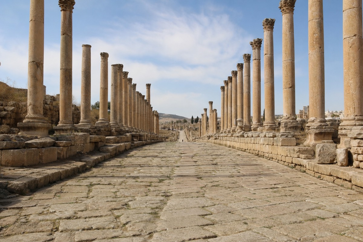 The colonnaded Roman ruins at Jerash