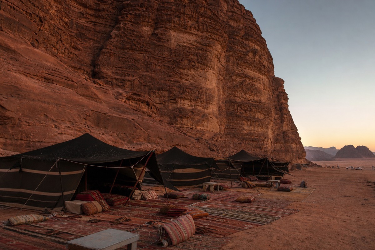 A Bedouin desert camp in Wadi Rum at dusk